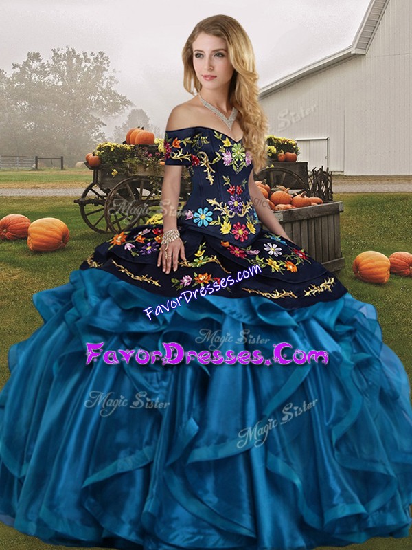  Floor Length Blue And Black Quinceanera Dresses Organza Sleeveless Embroidery and Ruffles