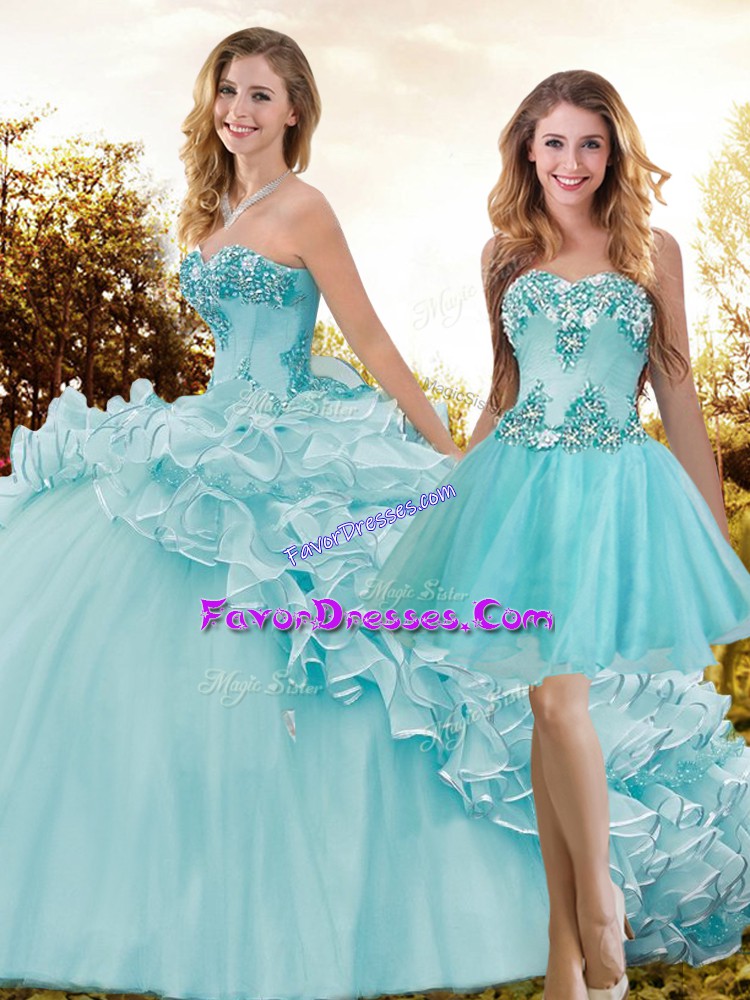  Brush Train Three Pieces Quinceanera Dresses Aqua Blue Sweetheart Organza and Tulle Sleeveless Lace Up