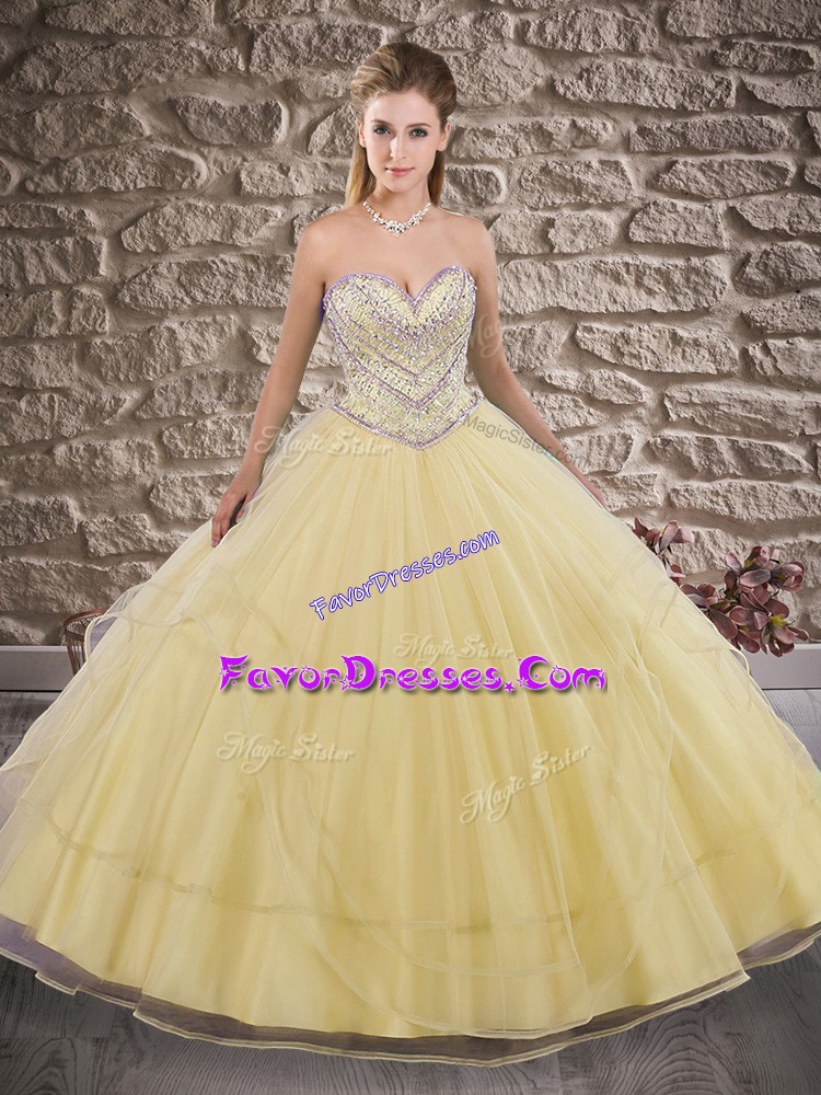  Gold Vestidos de Quinceanera Military Ball and Sweet 16 and Quinceanera with Beading and Ruffles Sweetheart Sleeveless Brush Train Lace Up