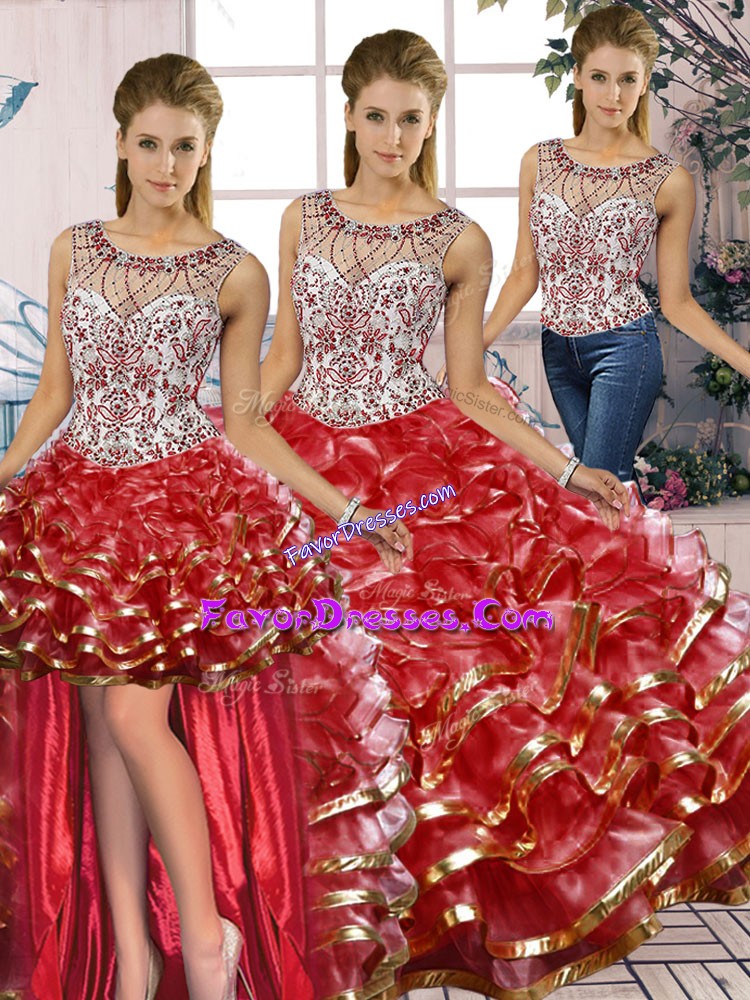  Sleeveless Floor Length Beading and Ruffles Lace Up Quinceanera Dresses with Red