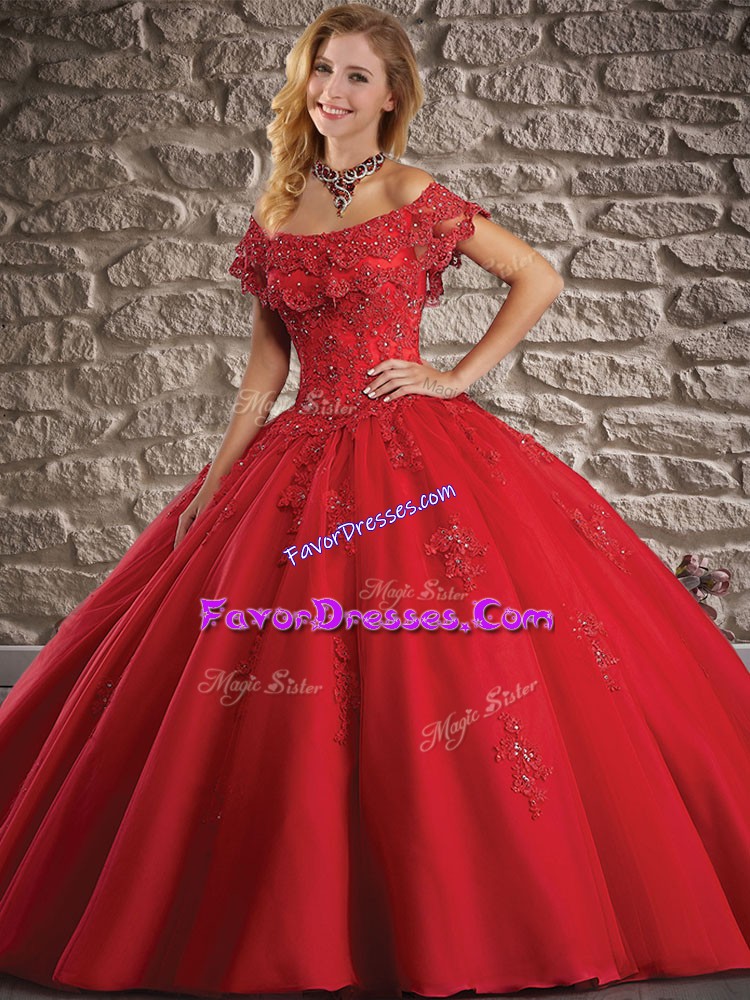Elegant Red Lace Up Off The Shoulder Lace and Appliques Sweet 16 Dresses Tulle Short Sleeves Brush Train