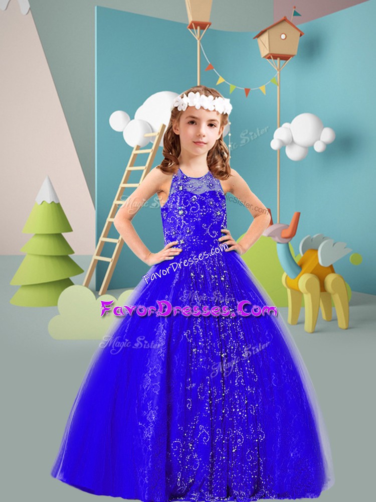 Affordable Royal Blue Sleeveless Beading Floor Length Pageant Gowns For Girls