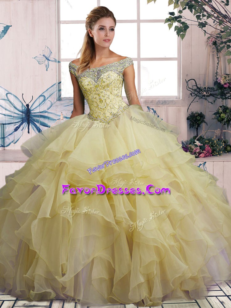 Stylish Yellow Off The Shoulder Neckline Beading and Ruffles Quinceanera Gowns Sleeveless Lace Up