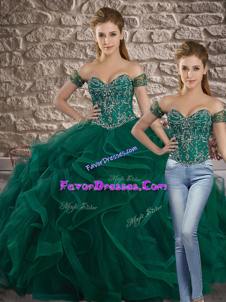 Flirting Green Sleeveless Tulle Sweep Train Lace Up Sweet 16 Dress for Military Ball and Sweet 16 and Quinceanera