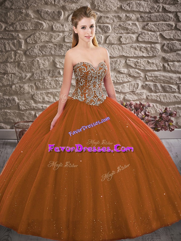 Hot Sale Sweetheart Sleeveless Tulle Quinceanera Gowns Beading Lace Up