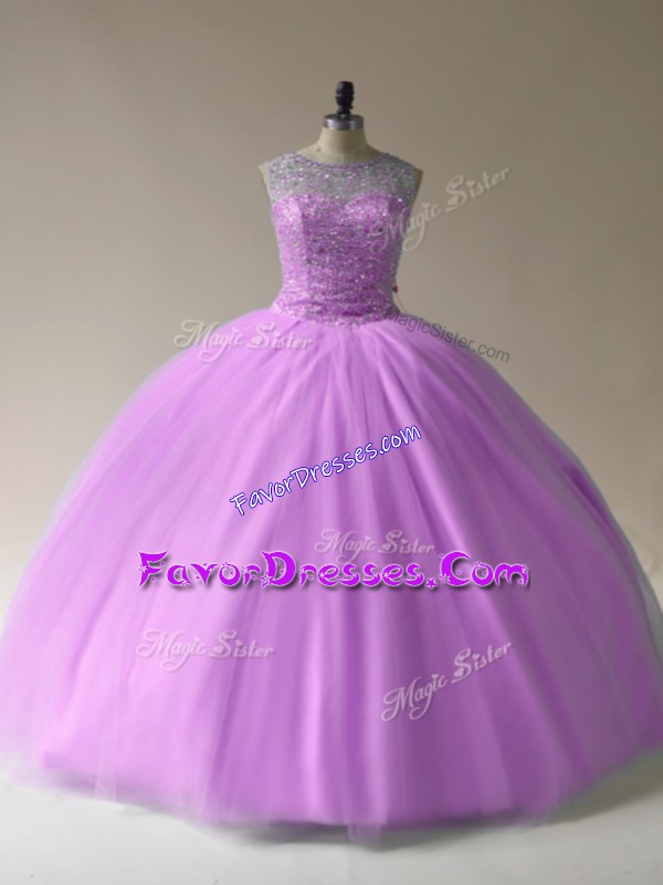  Sleeveless Beading Lace Up Quinceanera Gown