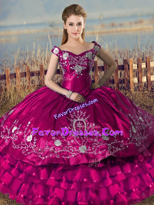  Sleeveless Floor Length Embroidery and Ruffled Layers Lace Up Vestidos de Quinceanera with Fuchsia