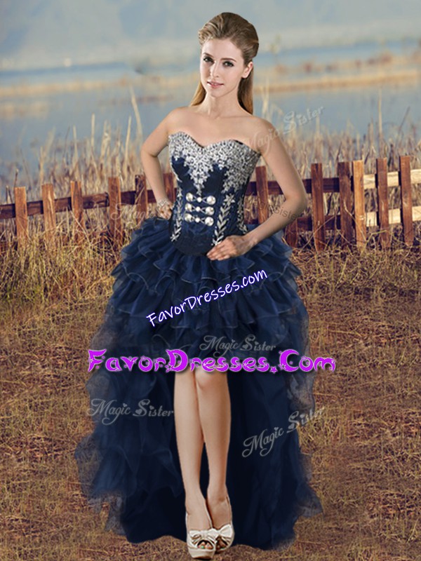  Organza Sweetheart Sleeveless Lace Up Beading and Ruffled Layers Prom Dress in Navy Blue