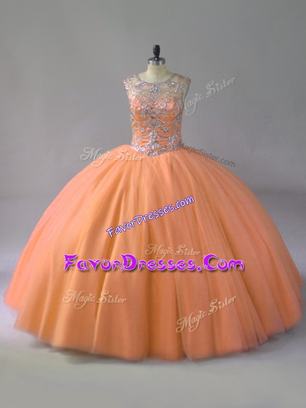 Super Orange Ball Gowns Scoop Sleeveless Tulle Floor Length Lace Up Beading Sweet 16 Dress