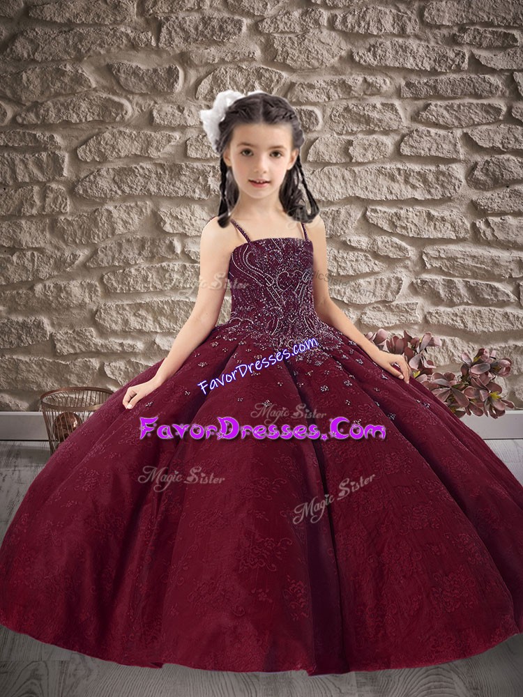  Burgundy Spaghetti Straps Neckline Beading and Embroidery Little Girl Pageant Gowns Sleeveless Lace Up