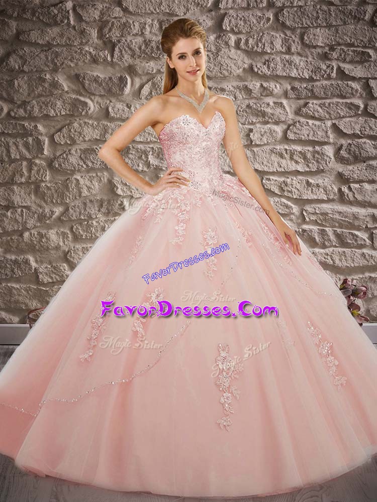 Designer Sleeveless Appliques Lace Up Quinceanera Gowns with Pink Brush Train