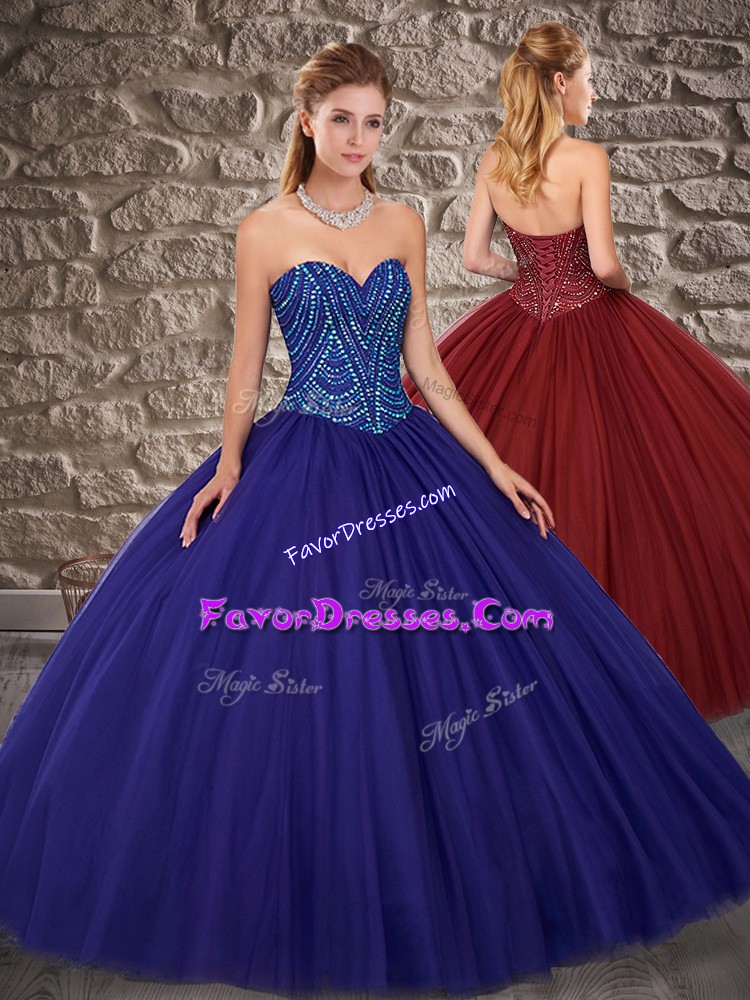 Deluxe Blue Sweetheart Lace Up Beading Quinceanera Gown Sleeveless