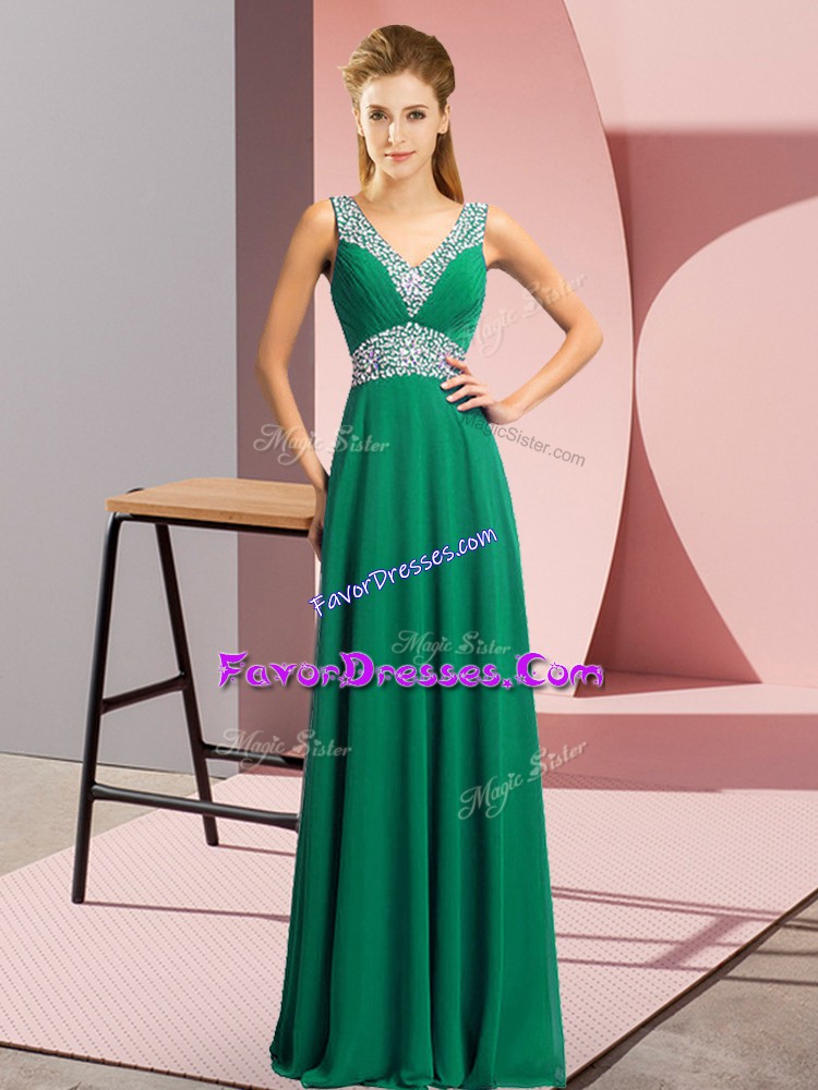  Floor Length Dark Green Prom Party Dress Chiffon Sleeveless Beading