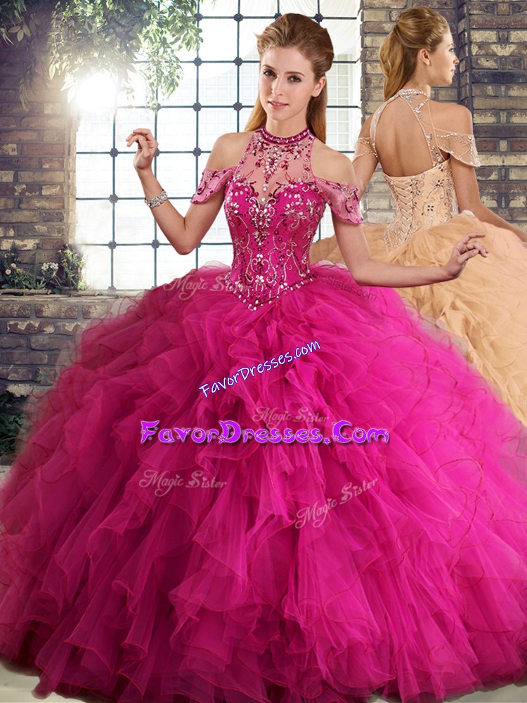  Fuchsia Ball Gowns Beading and Ruffles 15 Quinceanera Dress Lace Up Tulle Sleeveless Floor Length