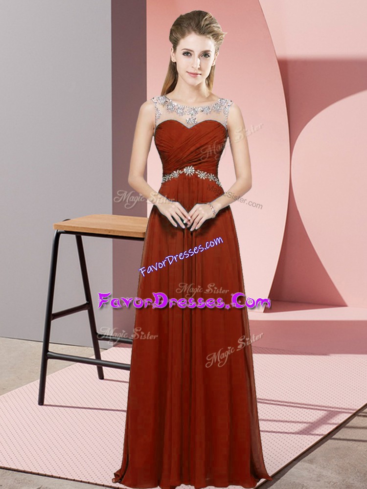  Scoop Sleeveless Prom Gown Floor Length Beading Rust Red Chiffon