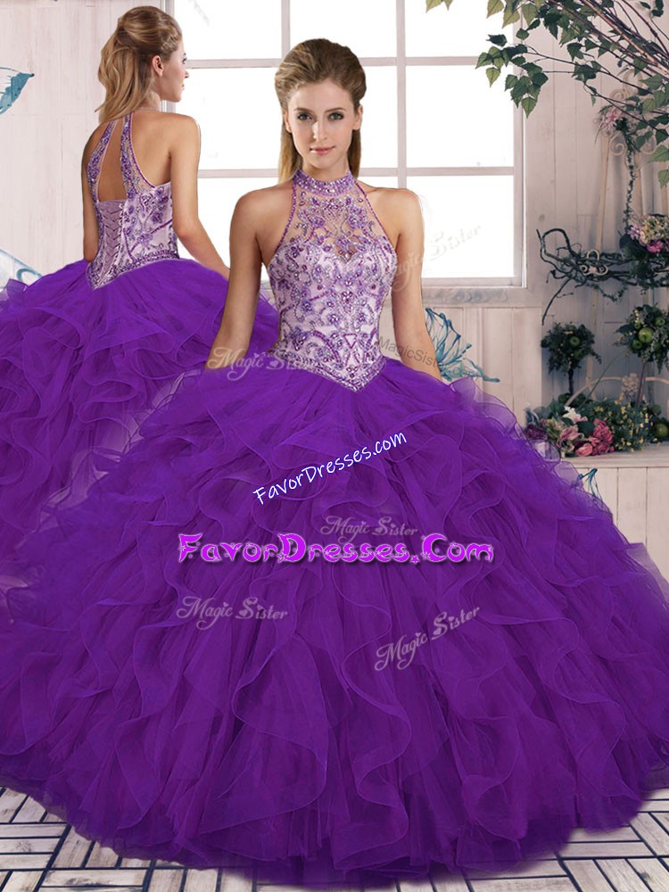 Comfortable Purple Sweet 16 Dresses Military Ball and Sweet 16 and Quinceanera with Beading and Ruffles Halter Top Sleeveless Lace Up