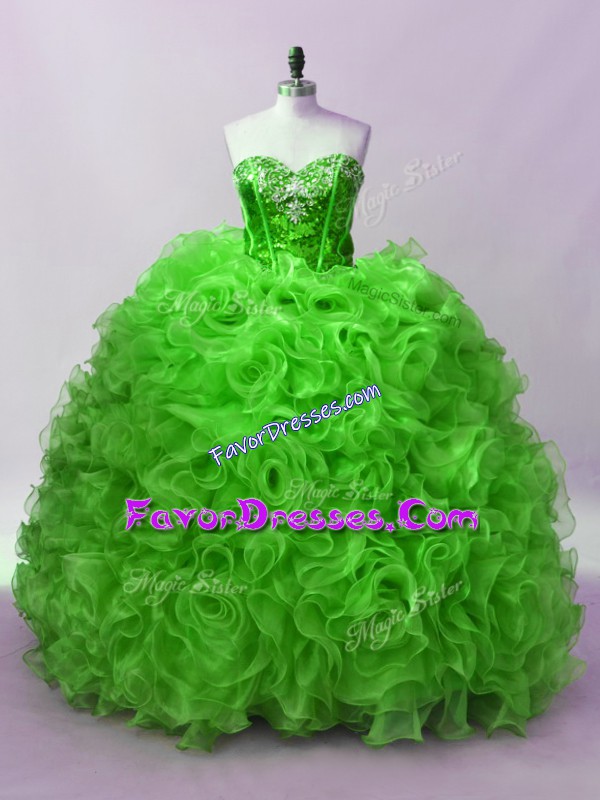  Green Ball Gowns Organza Sweetheart Sleeveless Beading and Ruffles Floor Length Lace Up 15 Quinceanera Dress
