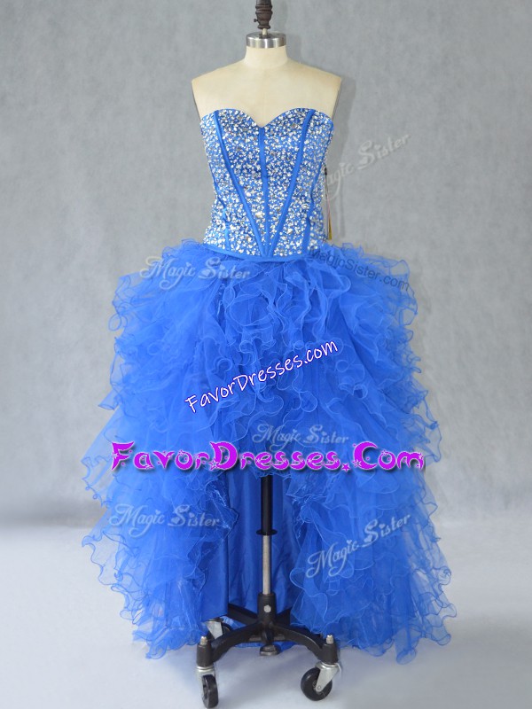 Stylish Blue Sweetheart Neckline Beading and Ruffles Prom Dress Sleeveless Lace Up