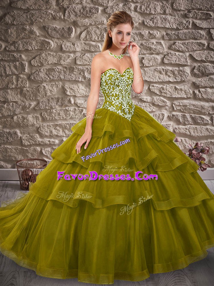  Sleeveless Brush Train Lace Up Embroidery and Ruffled Layers Quince Ball Gowns