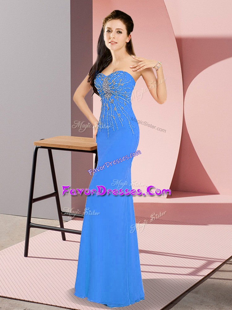 Trendy Blue Sleeveless Floor Length Beading Zipper Prom Evening Gown