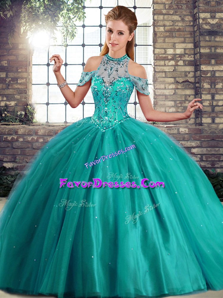 Elegant Turquoise Quinceanera Gowns Halter Top Sleeveless Brush Train Lace Up