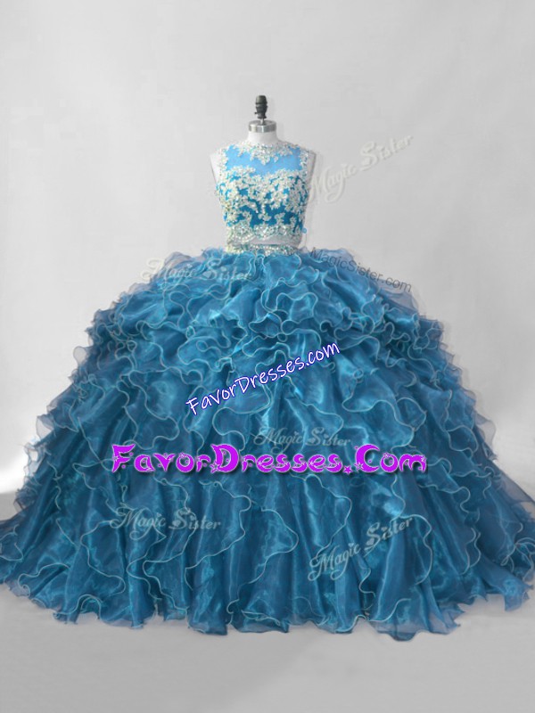 Deluxe Blue Zipper 15th Birthday Dress Beading and Ruffles Sleeveless Brush Train