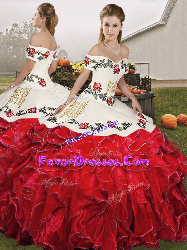 Dramatic White And Red Off The Shoulder Neckline Embroidery and Ruffles 15th Birthday Dress Sleeveless Lace Up