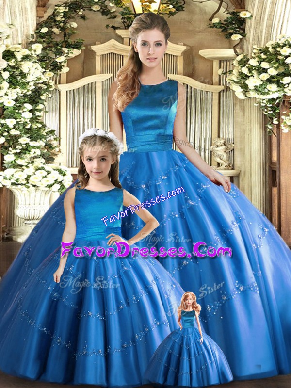 Free and Easy Blue Tulle Lace Up Scoop Sleeveless Floor Length Sweet 16 Dresses Appliques