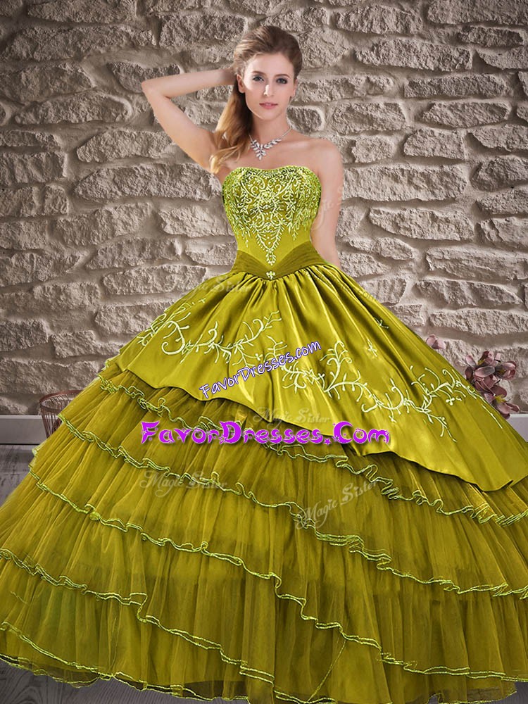  Embroidery and Ruffled Layers Sweet 16 Dresses Olive Green Lace Up Sleeveless Floor Length