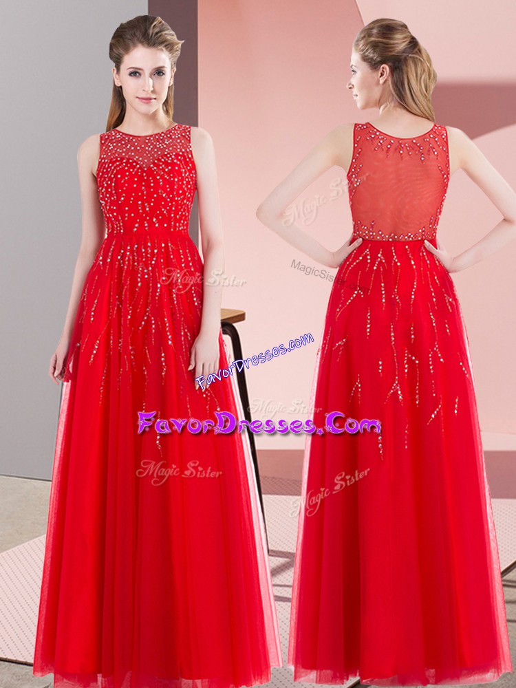 Customized Empire Prom Evening Gown Red Scoop Tulle Sleeveless Floor Length Side Zipper
