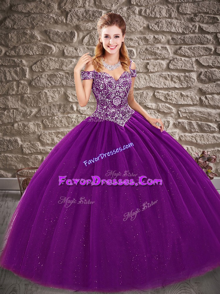  Purple Ball Gowns Tulle Off The Shoulder Sleeveless Beading Floor Length Lace Up Quinceanera Gown