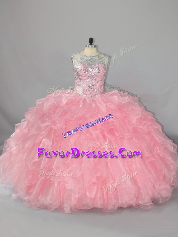  Floor Length Pink Vestidos de Quinceanera Scoop Sleeveless Lace Up