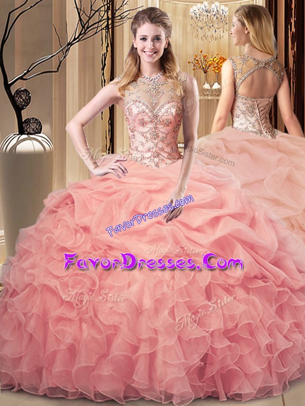  Peach Scoop Lace Up Beading and Ruffles and Pick Ups Quinceanera Dresses Sleeveless
