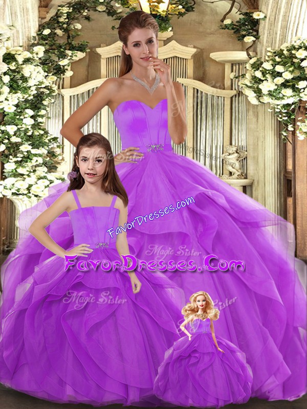  Tulle Sweetheart Sleeveless Lace Up Beading and Ruffles Quinceanera Dresses in Lilac