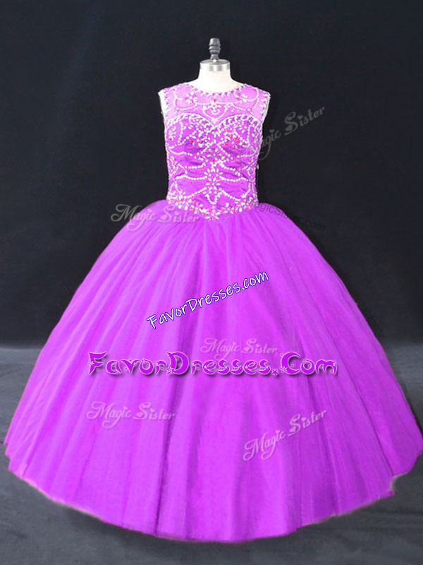 Fashion Purple Sleeveless Tulle Lace Up Quinceanera Dress for Sweet 16 and Quinceanera