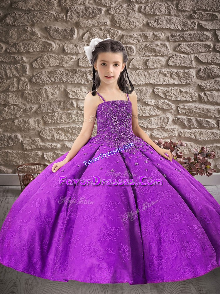  Spaghetti Straps Sleeveless Lace Up Child Pageant Dress Purple Satin