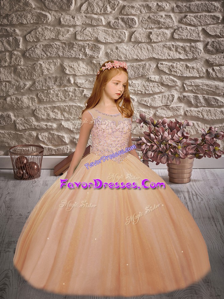 Scoop Sleeveless Little Girl Pageant Dress Floor Length Beading Orange Tulle