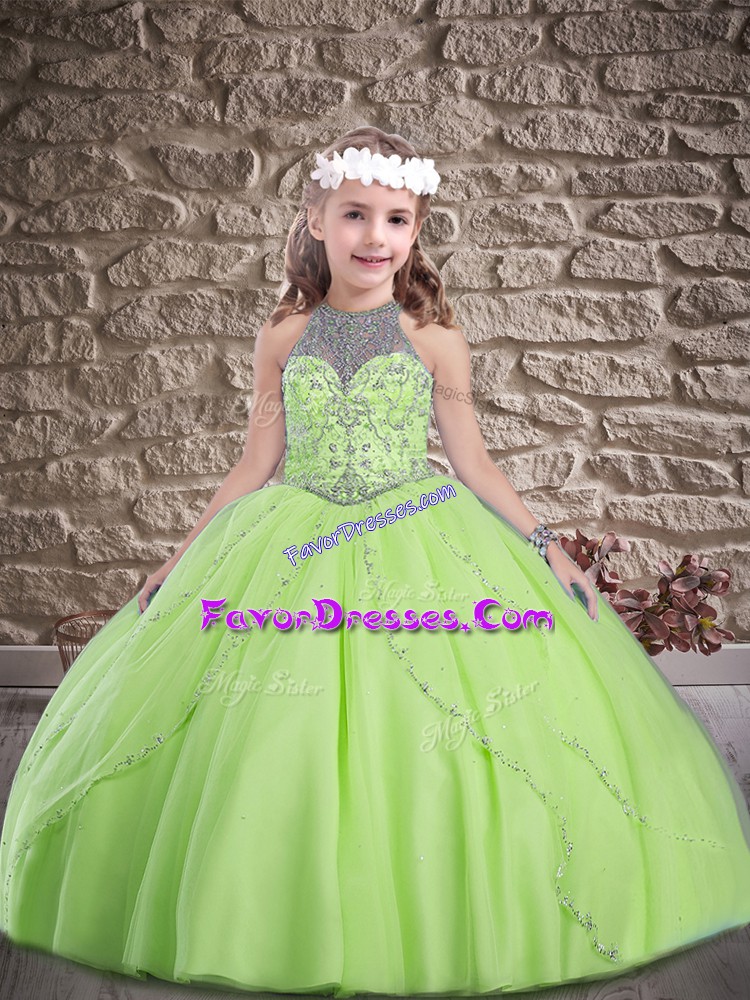  Halter Top Sleeveless Sweep Train Lace Up Little Girls Pageant Dress Wholesale Yellow Green Tulle