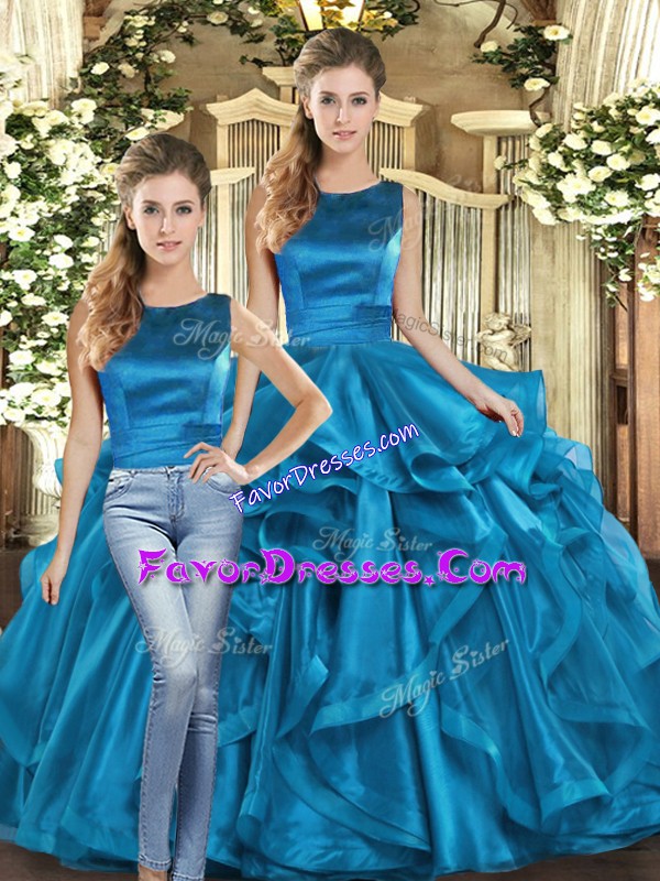 Fashion Two Pieces Quinceanera Dresses Teal Scoop Organza Sleeveless Floor Length Lace Up