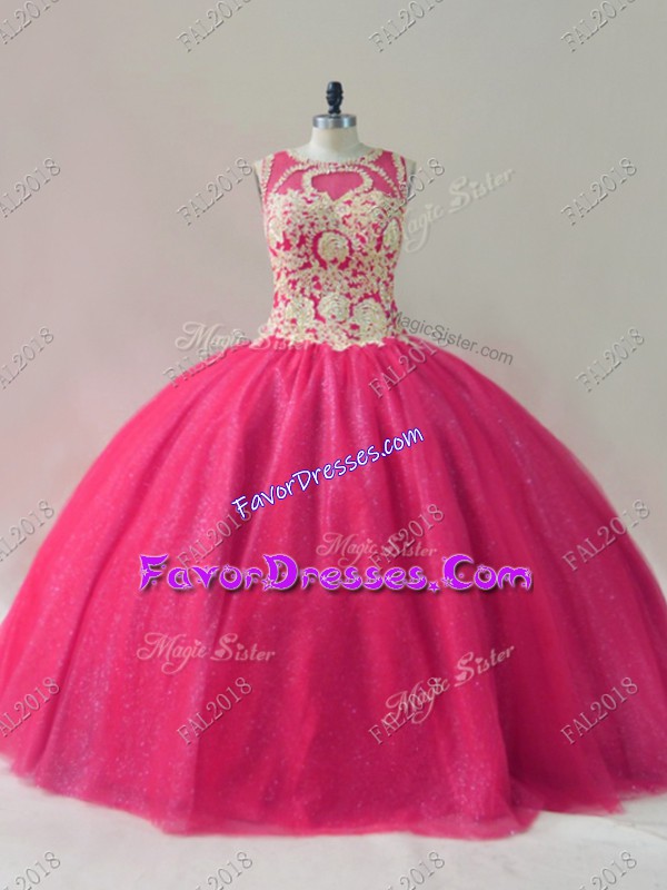Exquisite Hot Pink Sleeveless Tulle Lace Up Quinceanera Dresses for Sweet 16 and Quinceanera