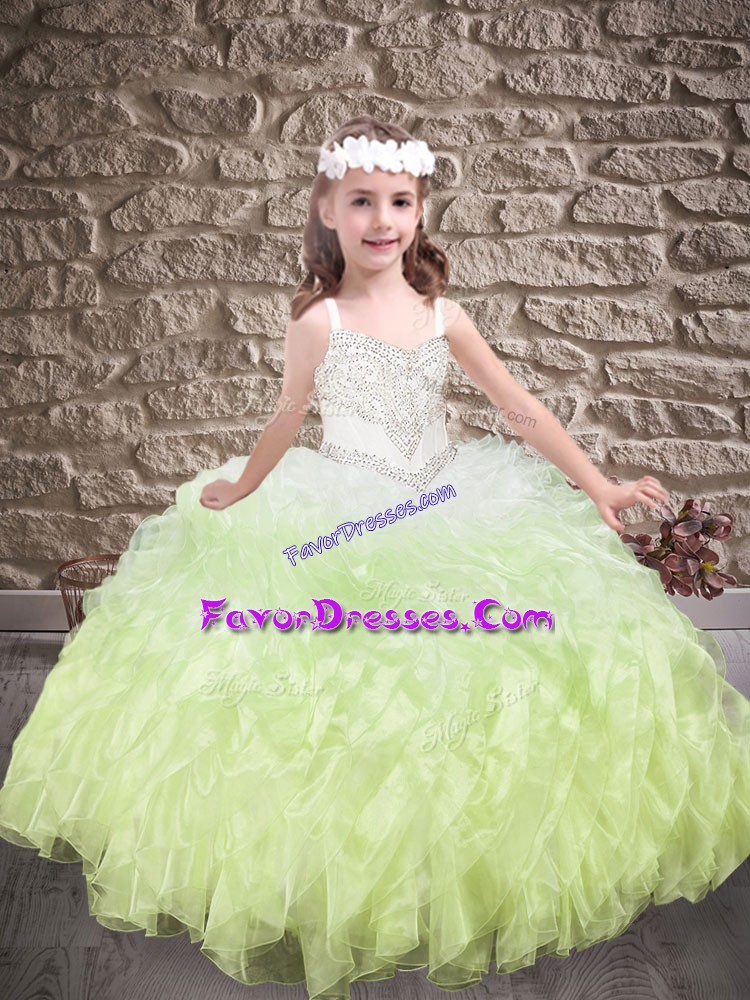  Yellow Green Lace Up Little Girls Pageant Dress Wholesale Beading and Ruffles Sleeveless Sweep Train