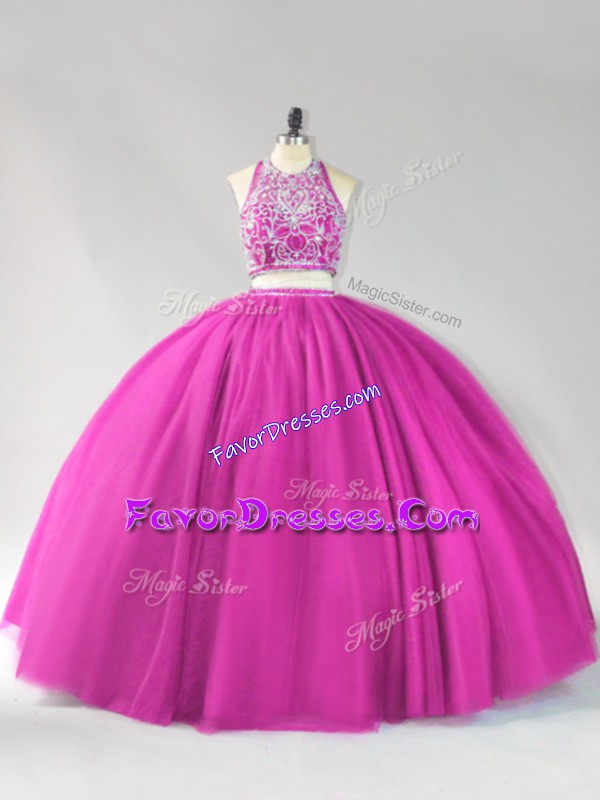 Gorgeous Tulle Sleeveless Floor Length Sweet 16 Dress and Beading