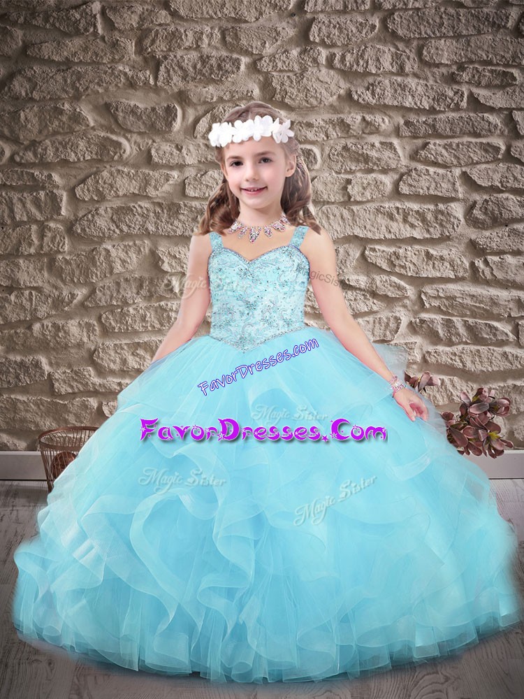 Great Sweep Train Ball Gowns Child Pageant Dress Aqua Blue Straps Tulle Sleeveless Lace Up