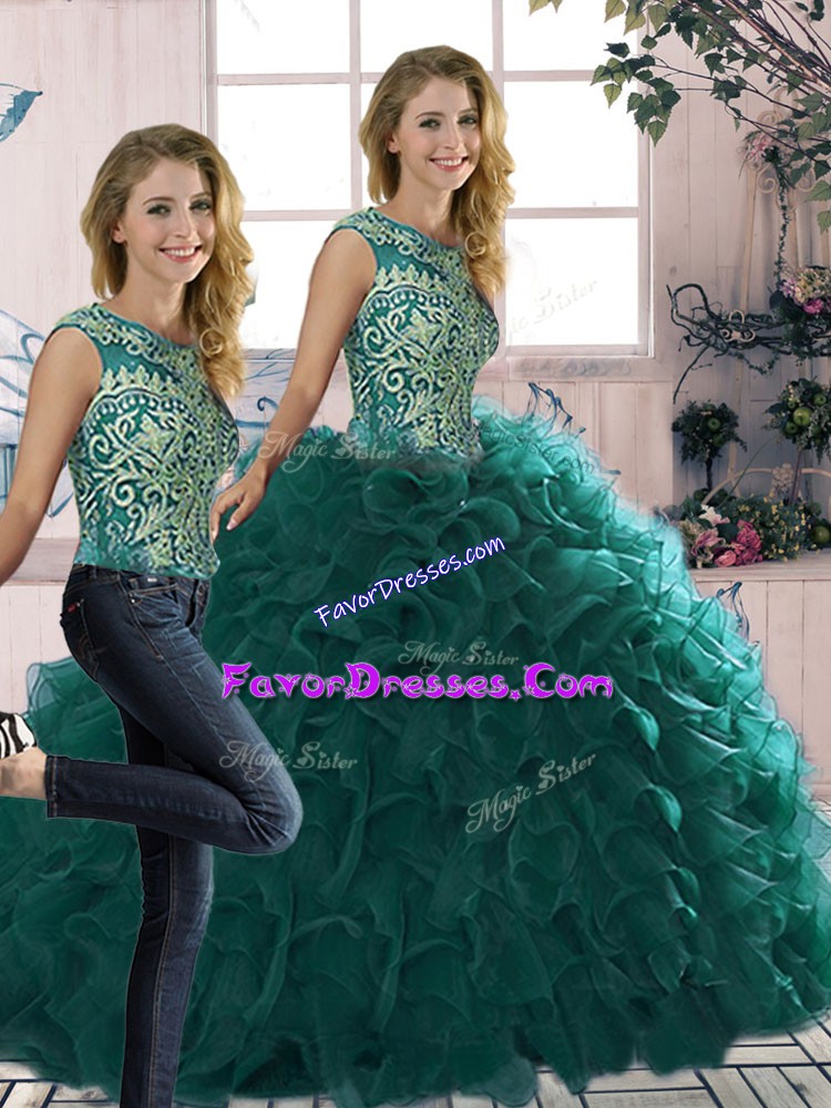 Noble Floor Length Two Pieces Sleeveless Peacock Green Ball Gown Prom Dress Lace Up