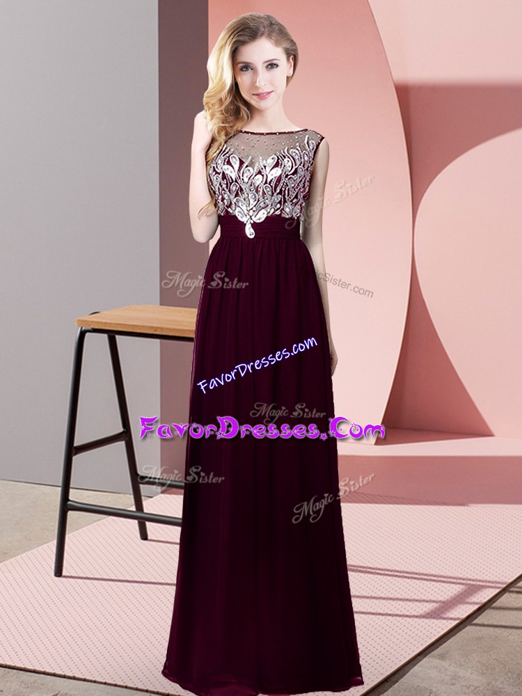 Eye-catching Burgundy Sleeveless Beading Floor Length Dress for Prom
