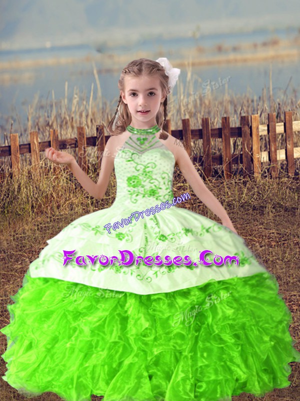  Sleeveless Organza Floor Length Lace Up Little Girl Pageant Gowns in with Beading and Embroidery and Ruffles