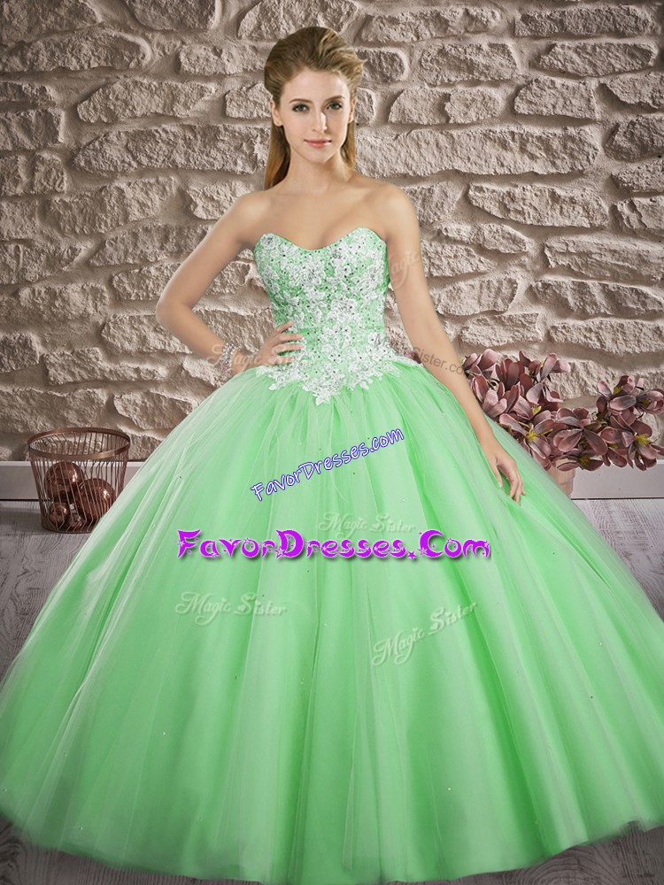  Sleeveless Brush Train Lace Up Appliques Quince Ball Gowns