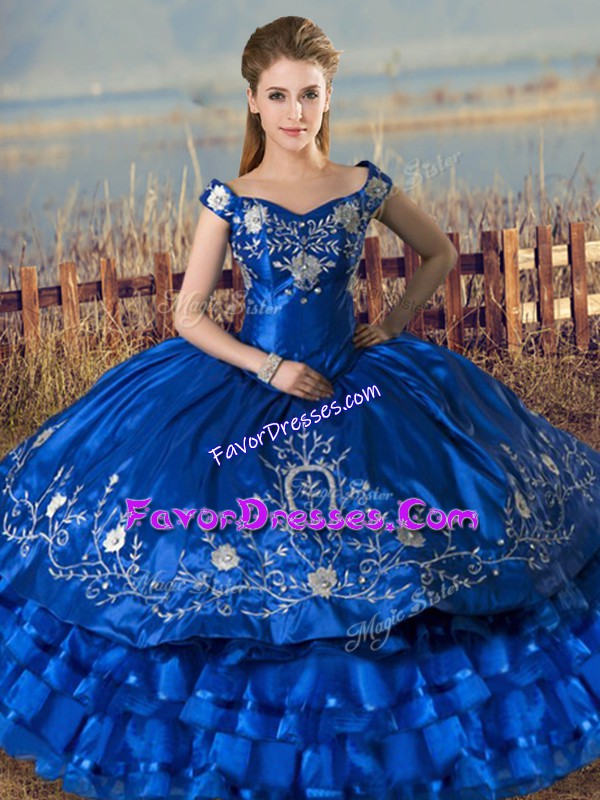  Floor Length Lace Up Quinceanera Dresses Royal Blue for Sweet 16 and Quinceanera with Embroidery and Ruffled Layers