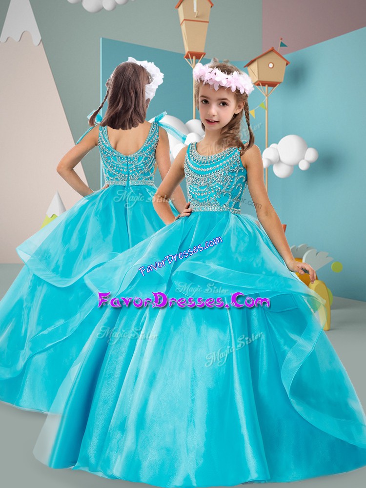  Ball Gowns Little Girls Pageant Dress Wholesale Aqua Blue Scoop Tulle Sleeveless Floor Length Zipper