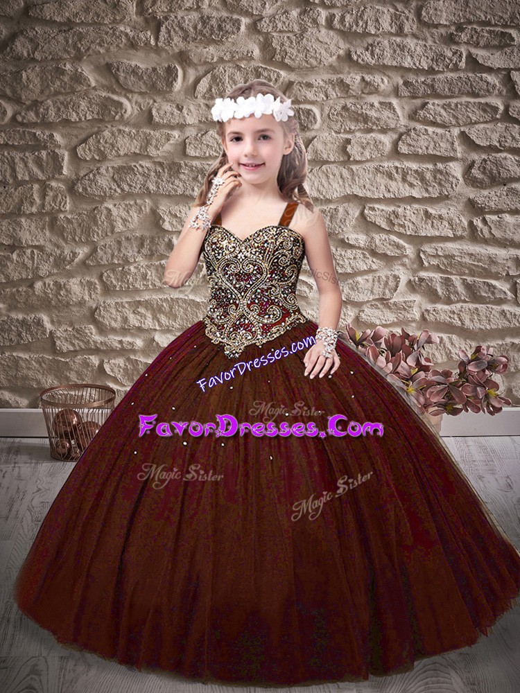 Best Ball Gowns Sleeveless Burgundy Little Girls Pageant Dress Sweep Train Lace Up